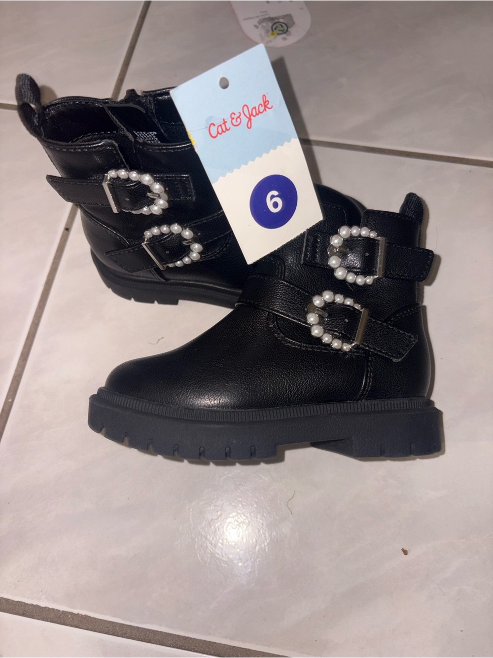 Cat & Jack Black Girls' Pearl-Buckle Combat Boots